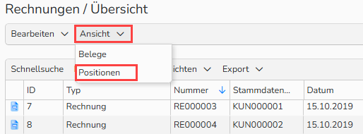 Screenshot des Fensters Bearbeitung von Rechnung, in dem die Menüoption Positionen im Menü Ansicht hervorgehoben ist.