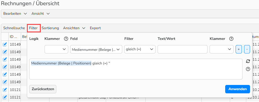 Screenshot des Fensters Bearbeitung von Rechnung, in dem die Filterfunktion hervorgehoben ist und das Dialogfeld für den Filter angezeigt wird.