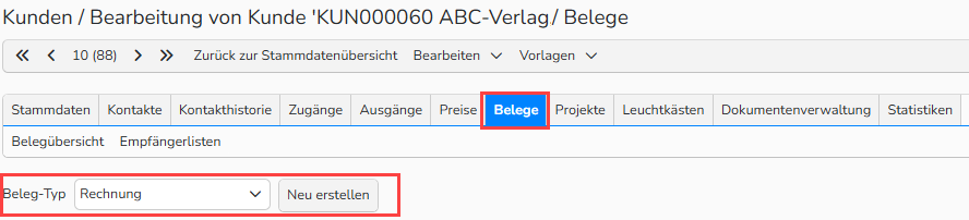 Screenshot des Kunden‑Setup‑Fensters mit geöffnetem Tab „Finanzdokumente“. Das Auswahlfeld für den Dokumenttyp ist hervorgehoben.