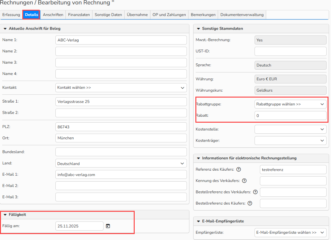 Screenshot des Rechnungs‑Setup‑Fensters mit geöffnetem und hervorgehobenem Tab „Details“. Die Felder Fälligkeitsdatum und Skontoinformationen sind hervorgehoben.