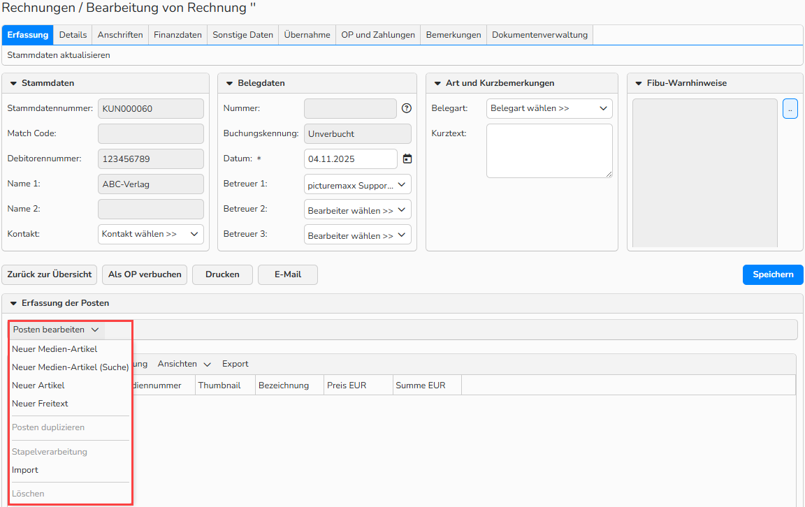 Screenshot des Rechnung‑Setup‑Fensters mit geöffnetem und hervorgehobenem Menü Bearbeiten im Bereich Erfassung der Posten.
