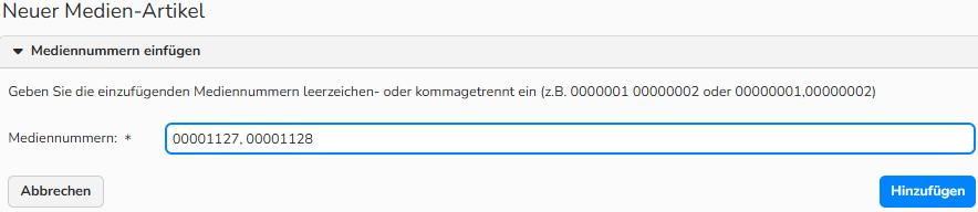 Screenshot des Dialogs Neuer Medien‑Artikel, der Optionen zum Hinzufügen von Mediennummern zu einer Rechnung zeigt.