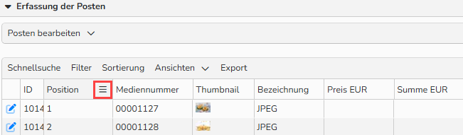 Screenshot des Bereichs Erfassung der Posten mit hervorgehobenem Kontextmenü der Tabelle.