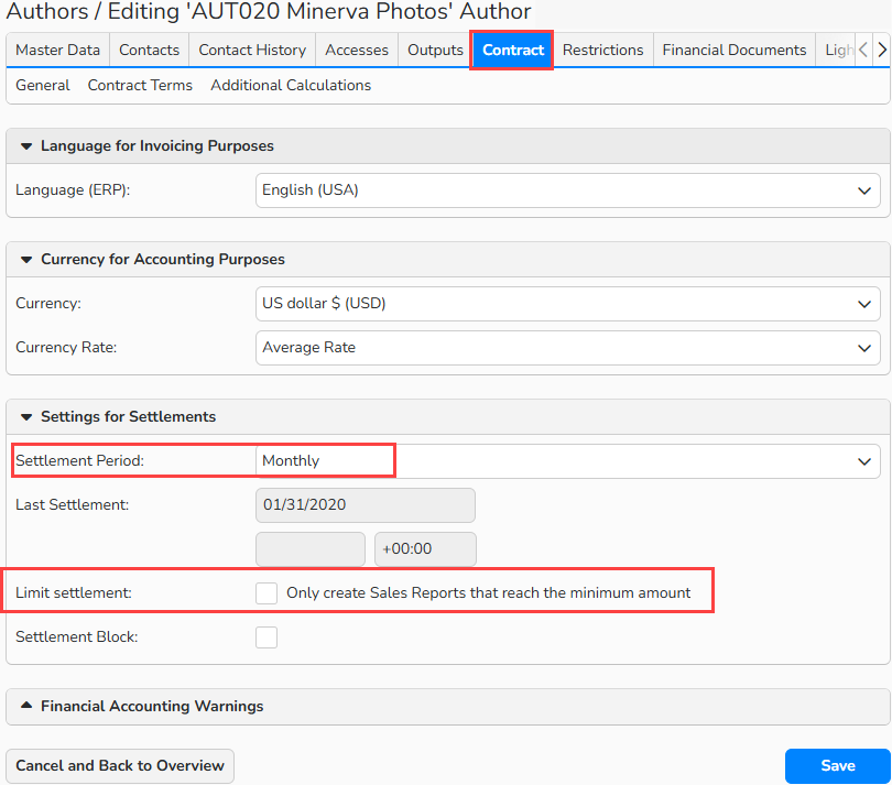Screenshot of the Author setup window with the Contract tab open and highlighted. The options to configure the Settlement Period and Limit Settlement are highlighted..