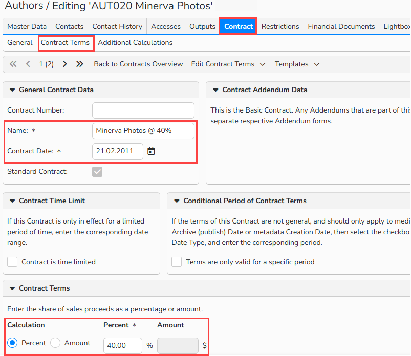 Screenshot of the Author setup window with the Contract tab and Contract Terms subtab open and highlighted. The options to set contract name, contract date and contract terms are highlighted.