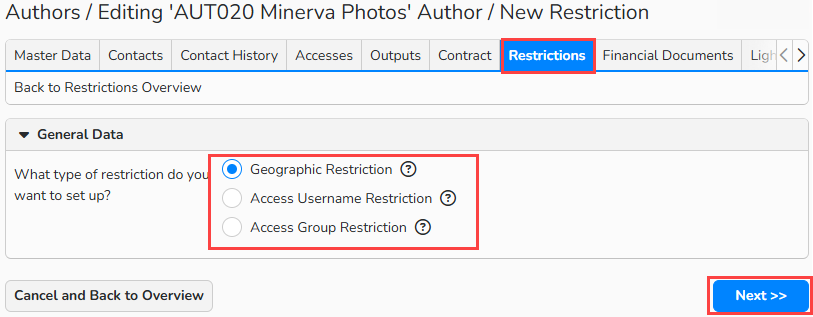 Screenshot of the Author setup window with the Restrictions tab open and highlighted. The three restriction types are highlighted, the Geographical restriction type is selected and the Next button is highlighted to indicate the action.