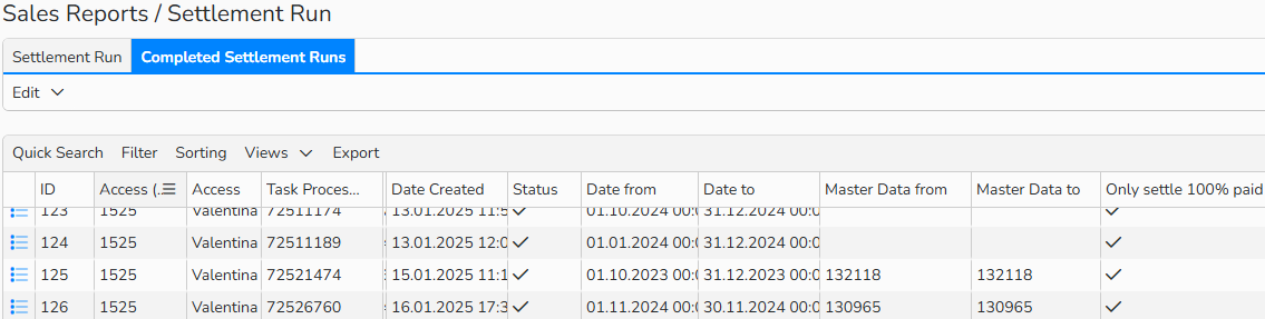 Screenshot of the Sales Report setup window with the Completed Settlement Runs tab open showing a list of entries.