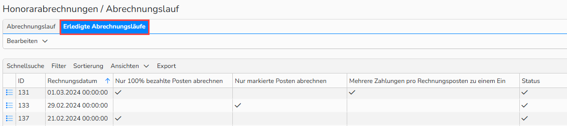 Screenshot des Fensters Honorarabrechnungen mit geöffnetem Reiter Erledigte Abrechnungsläufe, der eine Liste von Einträgen zeigt.