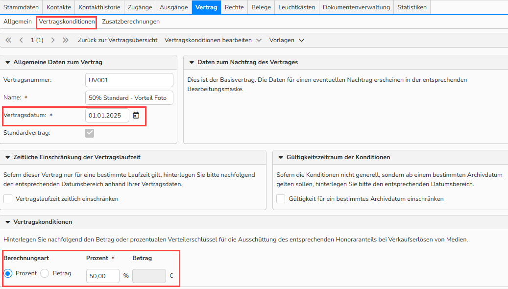 Screenshot des Urheber‑Stammdatenfensters mit geöffnetem und hervorgehobenem Reiter Vertrag sowie Unterreiter Vertragskonditionen. Die Optionen zur Festlegung des Vertragsdatums und der Vertragskonditionen sind hervorgehoben.