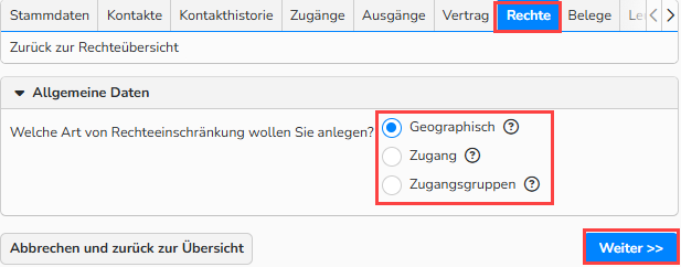 Screenshot des Urheber‑Stammdatenfensters mit geöffnetem und hervorgehobenem Reiter Rechte. Die drei Einschränkungstypen sind hervorgehoben, der Einschränkungstyp Geografisch ist ausgewählt, und die Schaltfläche Weiter ist hervorgehoben, um die Aktion anzuzeigen.