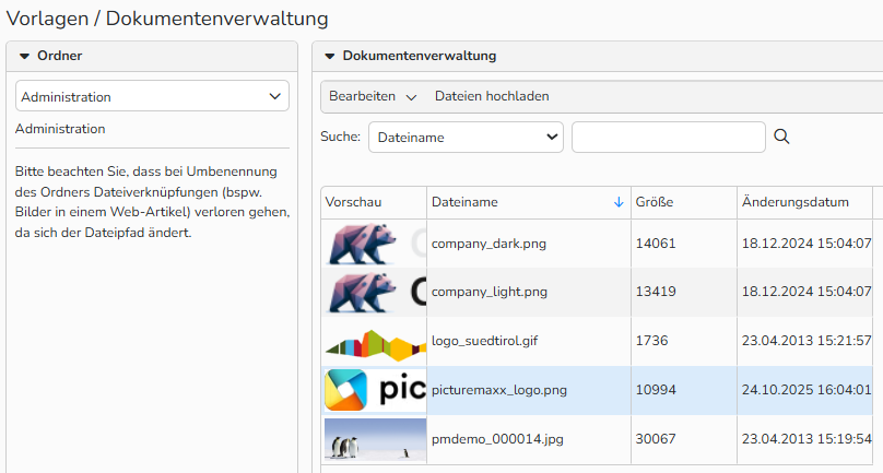 Screenshot des Fensters Dokumentenverwaltung. Die Benutzeroberfläche zeigt links eine Ordnerstruktur und rechts eine Liste der hochgeladenen Dateien an.