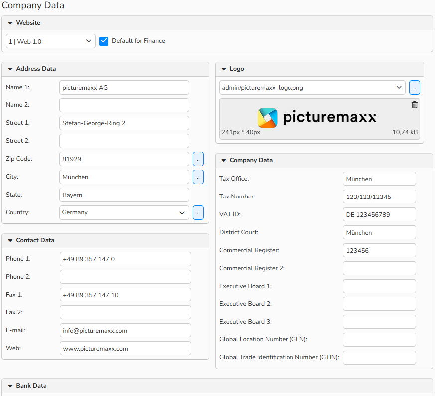 A screenshot of a Company Data window showing the setup options.