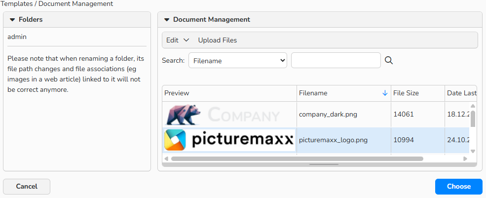 A screenshot of the Document Management window. The interface displays a folder structure on the left and a list of uploaded files on the right.