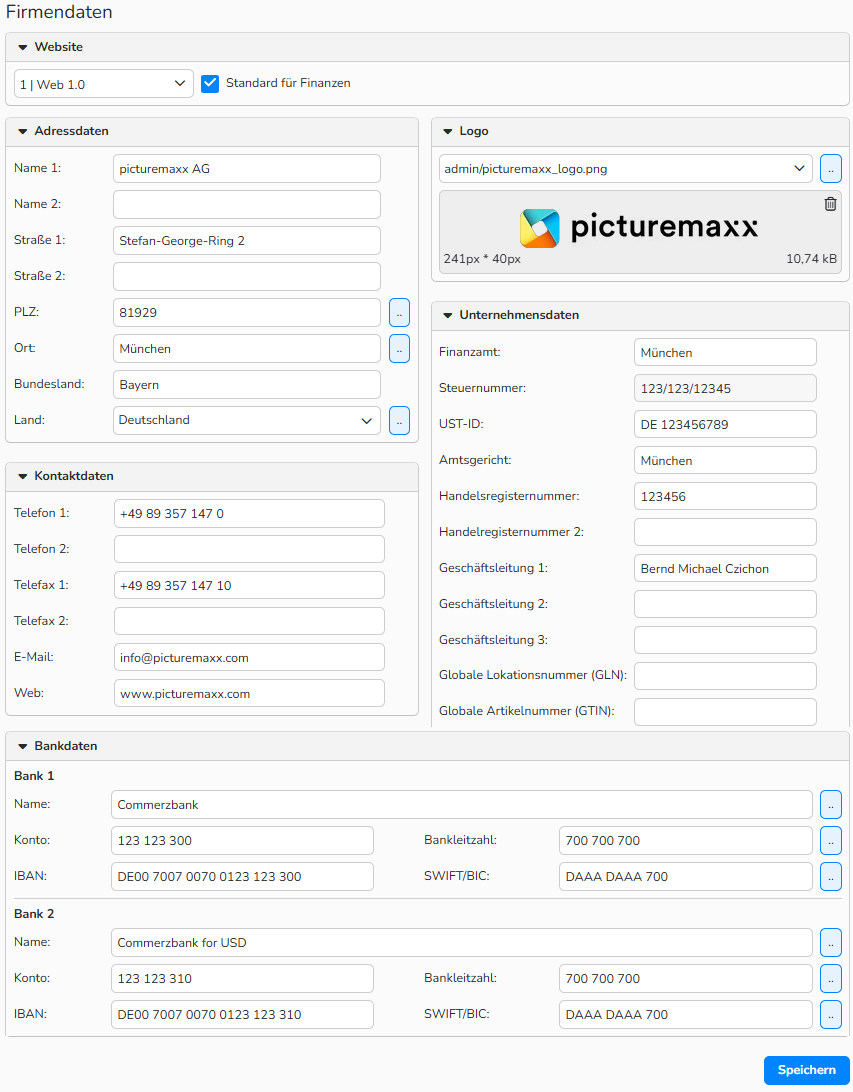 Screenshot eines Fensters mit Firmendaten, das die Einstellungsoptionen anzeigt.