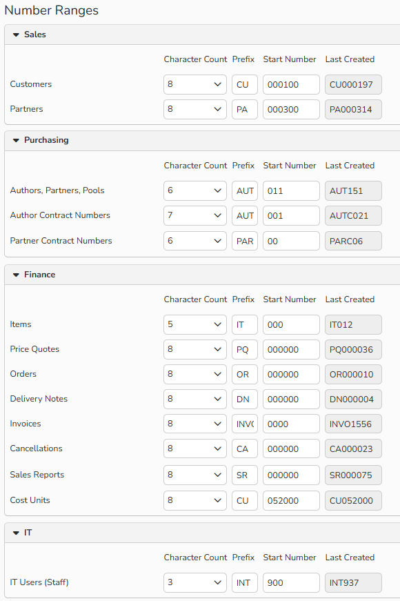A screenshot of a Number Ranges window showing options to set numbering in Sales, Purchasing, Finance, and IT Users areas.