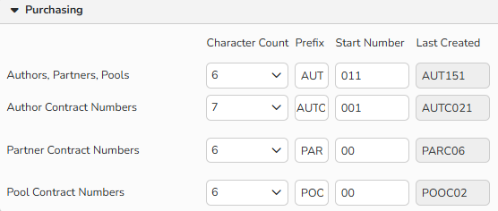 A screenshot of the Purchasing panel on a Number Rangers window showing options to define numbers for authors and partners.