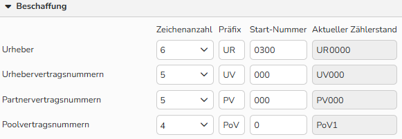 Screenshot des Bereichs Beschaffung im Fenster Nummernkreise mit Optionen zur Festlegung von Nummern für Autoren und Partner.