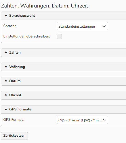 Screenshot des Fensters Zahlen, Währung, Datum, Uhrzeit und GPS mit Optionen zur Festlegung von Zahlenformaten für die entsprechenden regionalen Einstellungen.