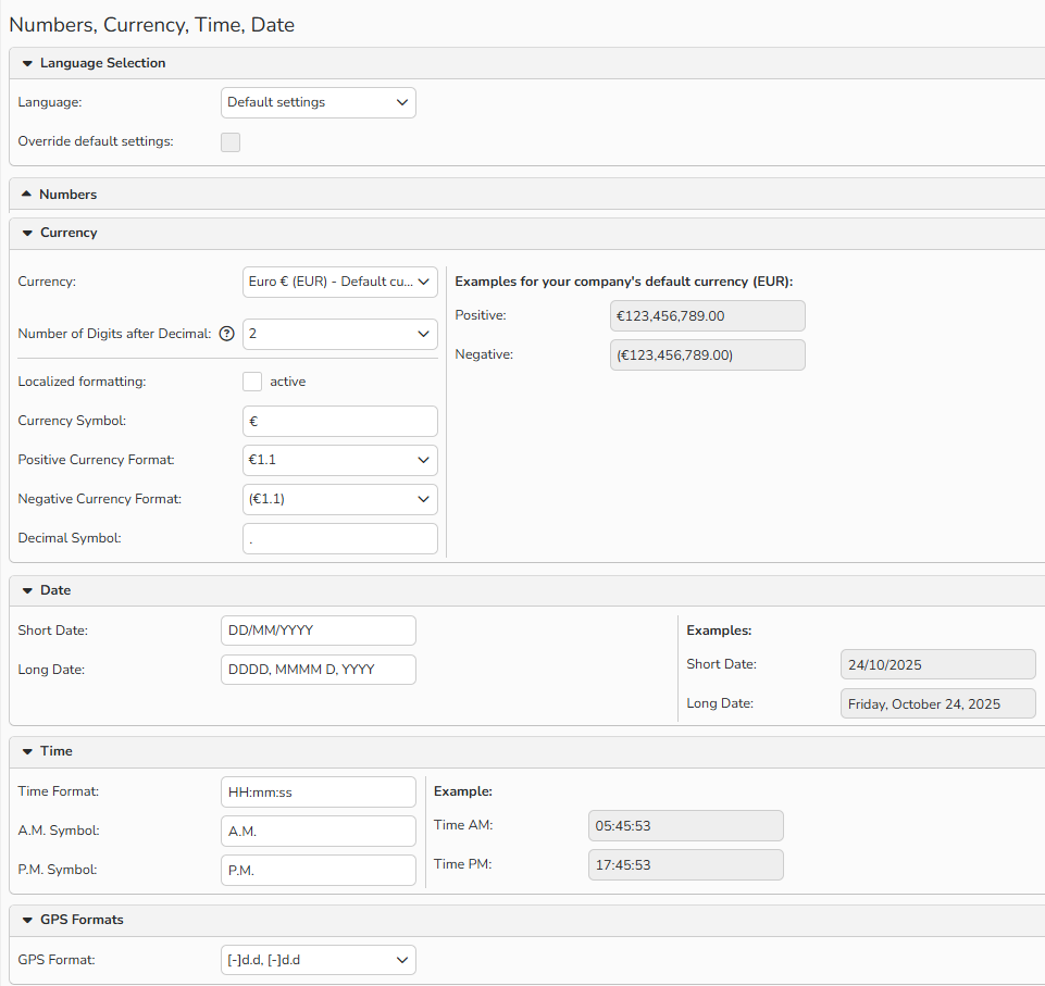A screenshot of the Number, Currency, Time, Date window showing options to define formats.