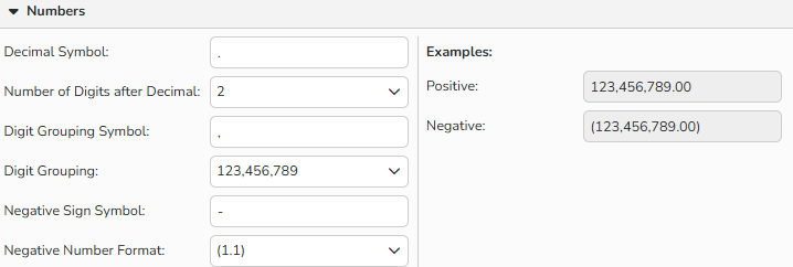 A screenshot of the Number, Currency, Time, Date window showing options to define number formats for proper regional settings.