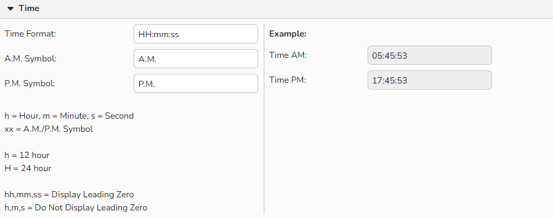 A screenshot of the Number, Currency, Time, Date window showing options to define time formats for proper regional settings.