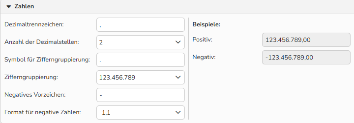 Screenshot des Fensters Zahlen, Währung, Datum, Uhrzeit und GPS mit Optionen zur Festlegung von Zahlenformaten für die entsprechenden regionalen Einstellungen.