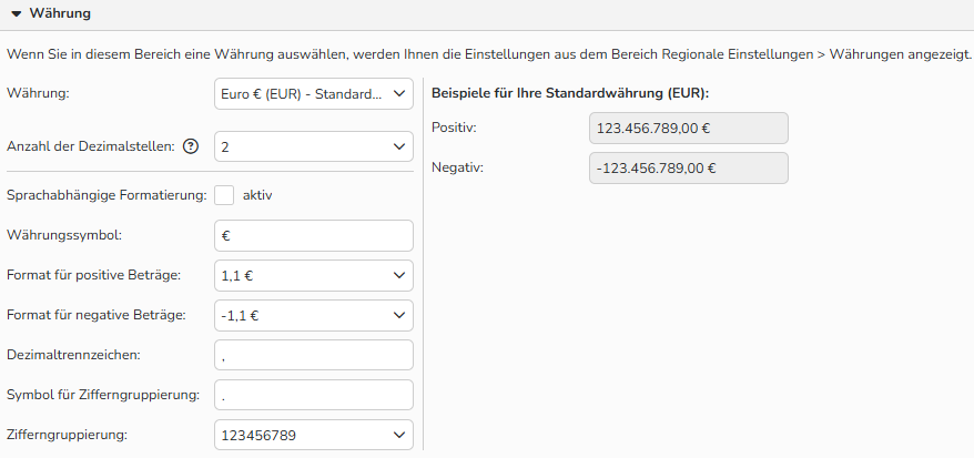 Screenshot des Fensters Zahlen, Währung, Datum, Uhrzeit und GPS mit Optionen zur Festlegung von Zahlenformaten für die entsprechenden regionalen Einstellungen.