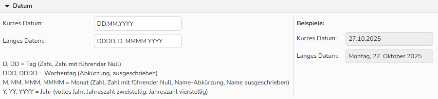 Screenshot des Fensters Zahlen, Währung, Datum, Uhrzeit und GPS mit Optionen zur Festlegung von Zahlenformaten für die entsprechenden regionalen Einstellungen.