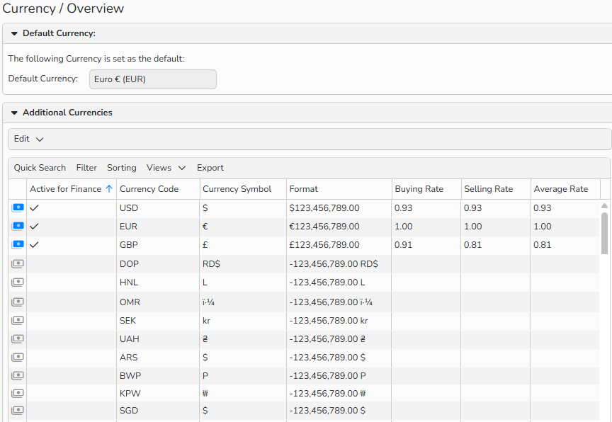A screenshot of the Currency overview window showing a list of available currencies. Default currency (EUR) and additional currencies (USD, GBR) are selected.