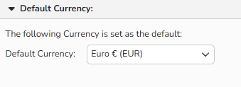 A screenshot of a Default Currency drop-down showing that the EUR is selected.