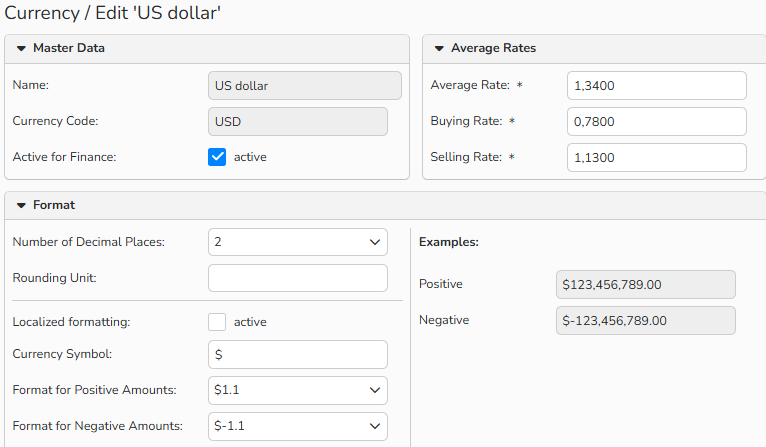 A screenshot of Currency setup window showing currency configuration fields. The Active for Finance checkbox is selected.
