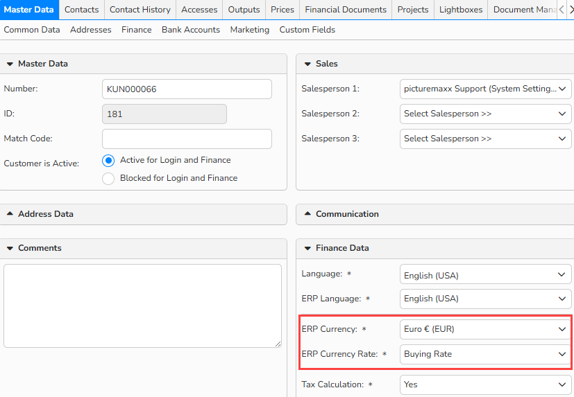 A screenshot of Customer master data with the ERP Currency and ERP Currency Rate fields highlighted.