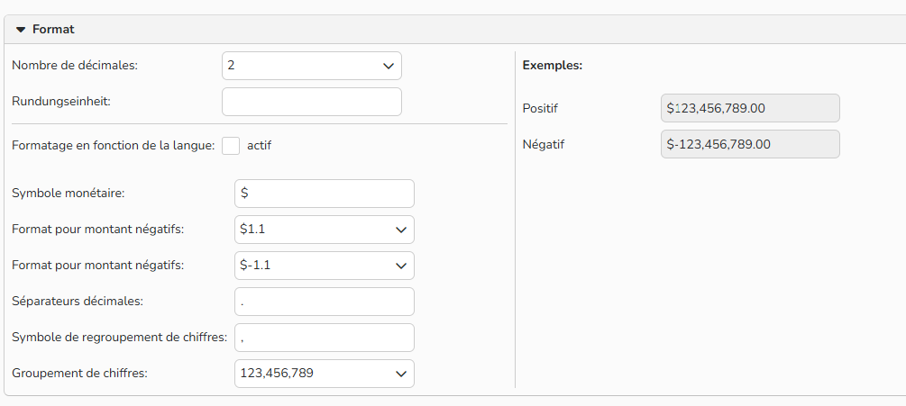 Capture d'écran montrant comment configurer le format d'une devise