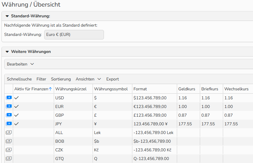 Screenshot des Fensters Währungsübersicht mit einer Liste der verfügbaren Währungen. Die Standardwährung (EUR) und zusätzliche Währungen (USD, GBR und JPY) sind ausgewählt.