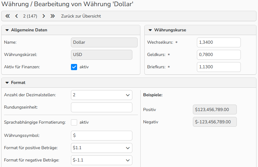 Screenshot des Fensters „Währung / Bearbeitung von Währung“ mit den Feldern zur Währungskonfiguration. Das Kontrollkästchen Aktiv für Finanzen ist aktiviert.