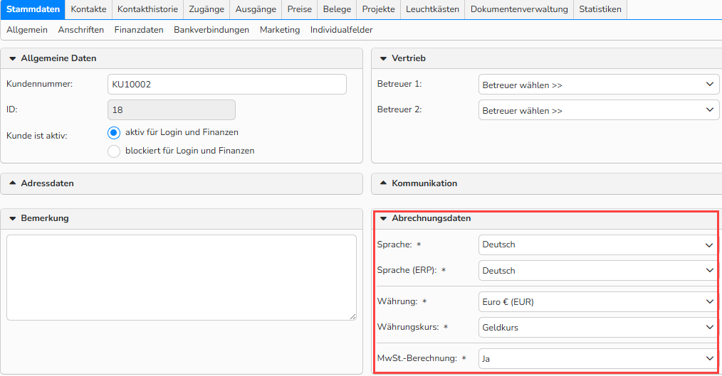 Screenshot der Kundenstammdaten mit dem hervorgehobenen Bereich Abrechnungsdaten.