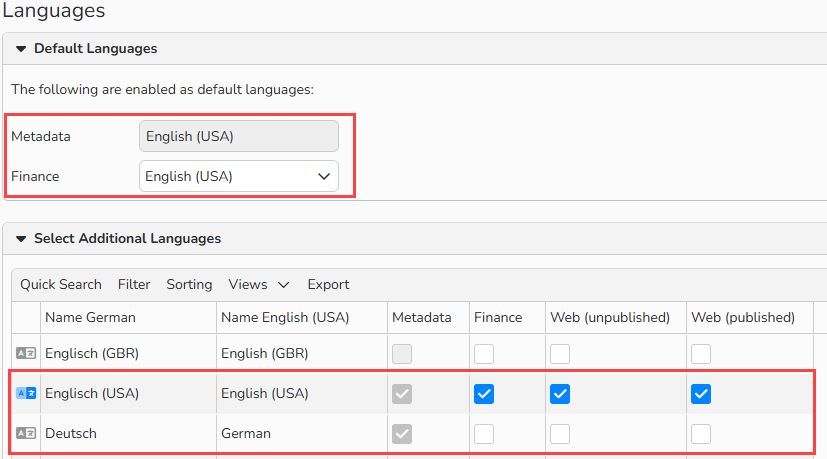 A screenshot of the Languages setup window showing the options to select languages. The selected default and additional languages are highlighted.