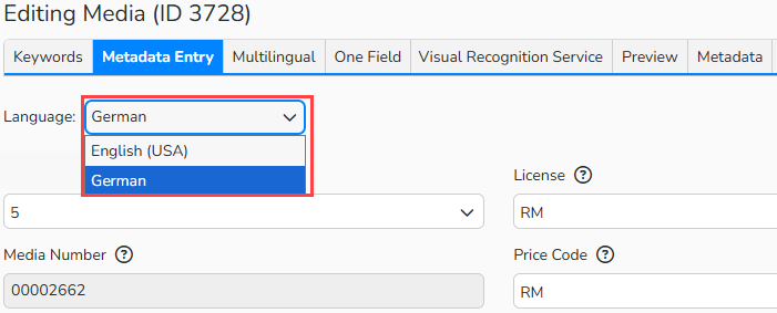 A screenshot of an Editing Media window in Media Processing showing a Metadata editing form that displays one language at a time. The dropdown to select a language is highlighted.