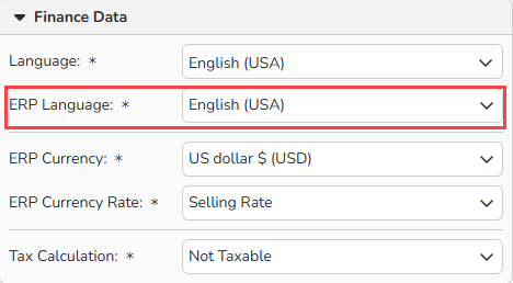 Screenshot of the Finance panel in the Customer master data setup window in Finance. The drop-down to select languages is highlighted.