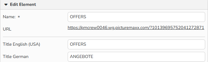 Screenshot of a Web Navigation elements setup window showing fields to enter menu name in different languages.