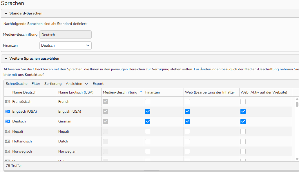 Screenshot des Fensters Sprachen mit den Optionen zur Auswahl der Sprachen.