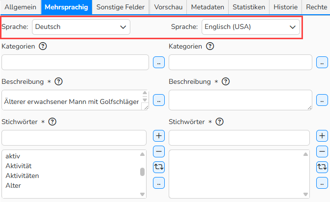 Screenshot des Fensters Maskeneditor/Medien bearbeiten in der Medienverarbeitung. Es wird ein Formular zur Bearbeitung von Metadaten in mehreren Sprachen gezeigt. Die Drop-down-Menüs zur Auswahl der Sprachen Deutsch und Englisch ist hervorgehoben.