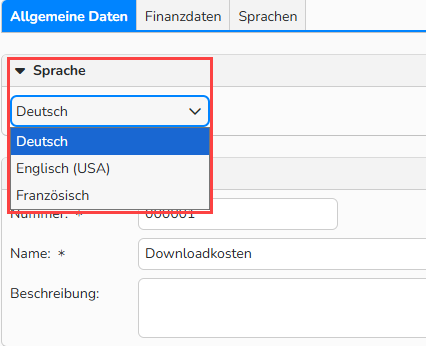 Screenshot eines Fensters zur Einrichtung einer Artikelgruppe im Finanzmodul, in dem das Drop-down-Menü zur Auswahl der Sprachen hervorgehoben ist.