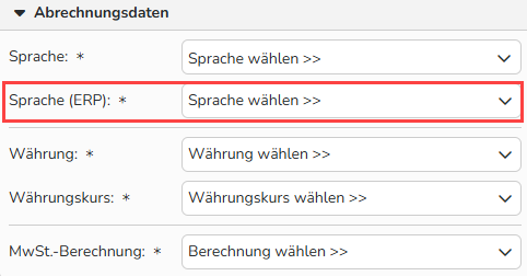 Screenshot des Fensters Bearbeitung von Kunden mit dem Bereich Abrechnungsdaten im Tab Stammdaten. Das Drop-down-Menü zur Auswahl der Sprachen ist hervorgehoben.