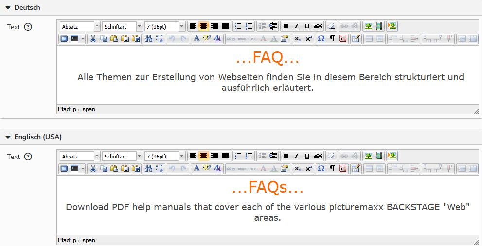 Screenshot eines Fensters zur Bearbeitung von Webinhalten, das mehrsprachige Felder im Texteditor zeigt.