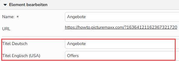 Screenshot eines Fensters zur Einrichtung von Webelementen, das Felder zur Eingabe von Menünamen in verschiedenen Sprachen zeigt.