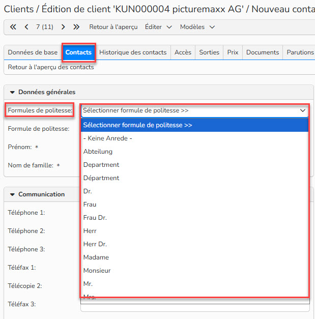 Capture d'écran montrant comment sélectionner une formule de politesse dans l'onglet Contact
