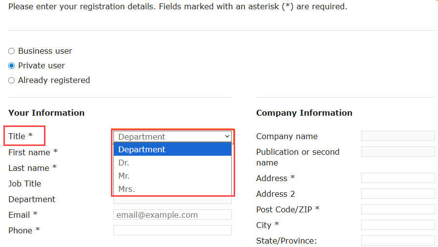 Screenshot of Registration form in webshop, the Titles field and the drop-down listing salutations are highlighted.