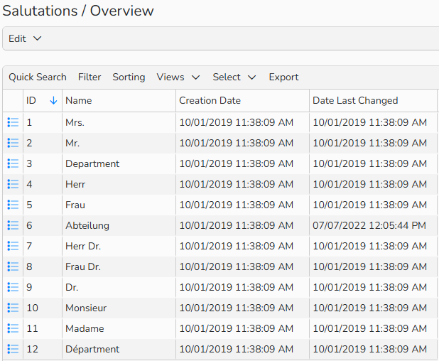 admin_salutations Screenshot of the Salutations overview listing various titles.