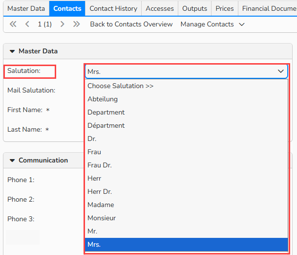 admin_salutations_customer Screenshot of the Contacts tab selected in the master data record, the Salutation field and the drop-down listing titles are highlighted.